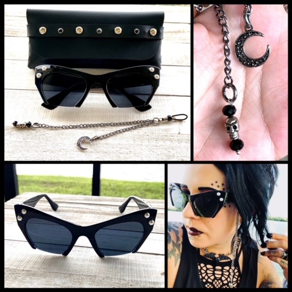 Stud sunglasses handmade leather pouch + chain